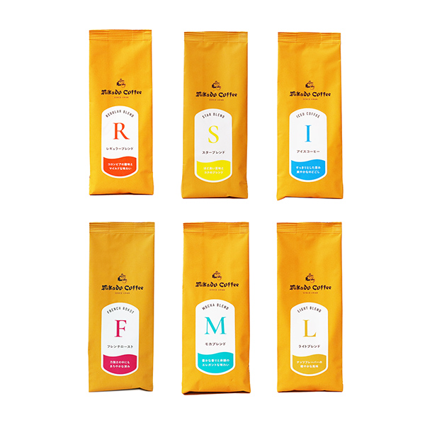 包裝設計欣賞米卡德＜常規混合＞ ＜明星混合＞ ＜冰咖啡＞ ＜法式烤＞ ＜摩卡混合＞ ＜淡混合＞ (米卡德咖啡商會) (圖1)
